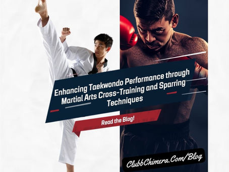 Split image of a taekwondo kicker and a boxer with promo text: Enhancing Taekwondo Performance through Cross-Training.