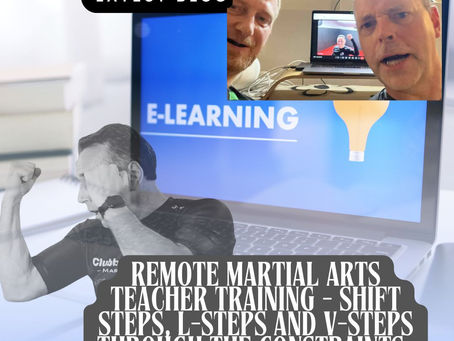 Laptop displaying "E-Learning," with inset of two men video calling. Text reads, "Remote Martial Arts Teacher Training." Mood is focused.