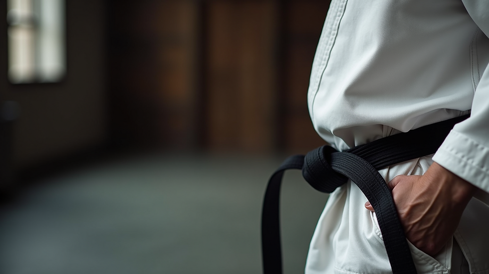 Close-up view of martial arts belt tied around waist