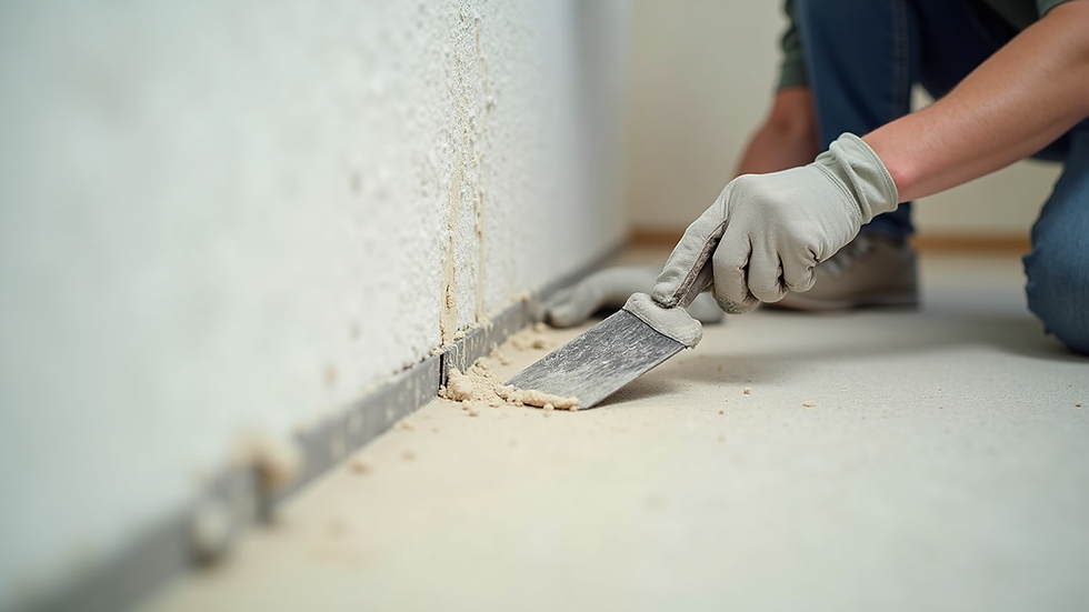 Close-up view of a drywall finishing process with a contractor smoothing joint compound