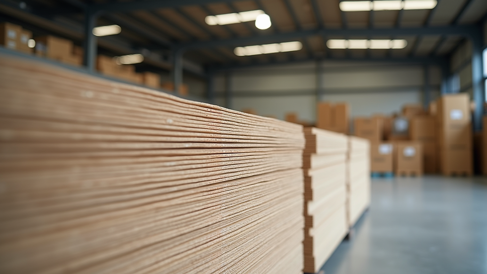 Eye-level view of drywall panels stacked neatly in a warehouse