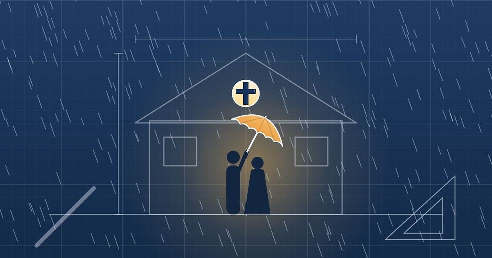 Illustration of a husband holding an umbrella over his wife in the rain, in front of a house blueprint with a cross window.