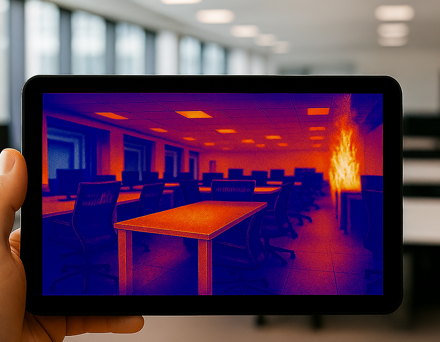 AI image of thermal camera picking up a fire in an office via tablet