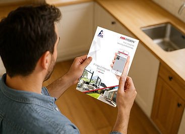 Man holding a HikVision product brochure in the kitchen