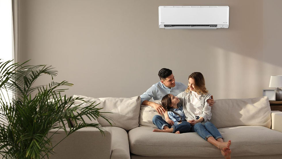 Daikin wall-mounted heat pump above a family in a living room