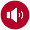White icon of a noise speaker on a red circle