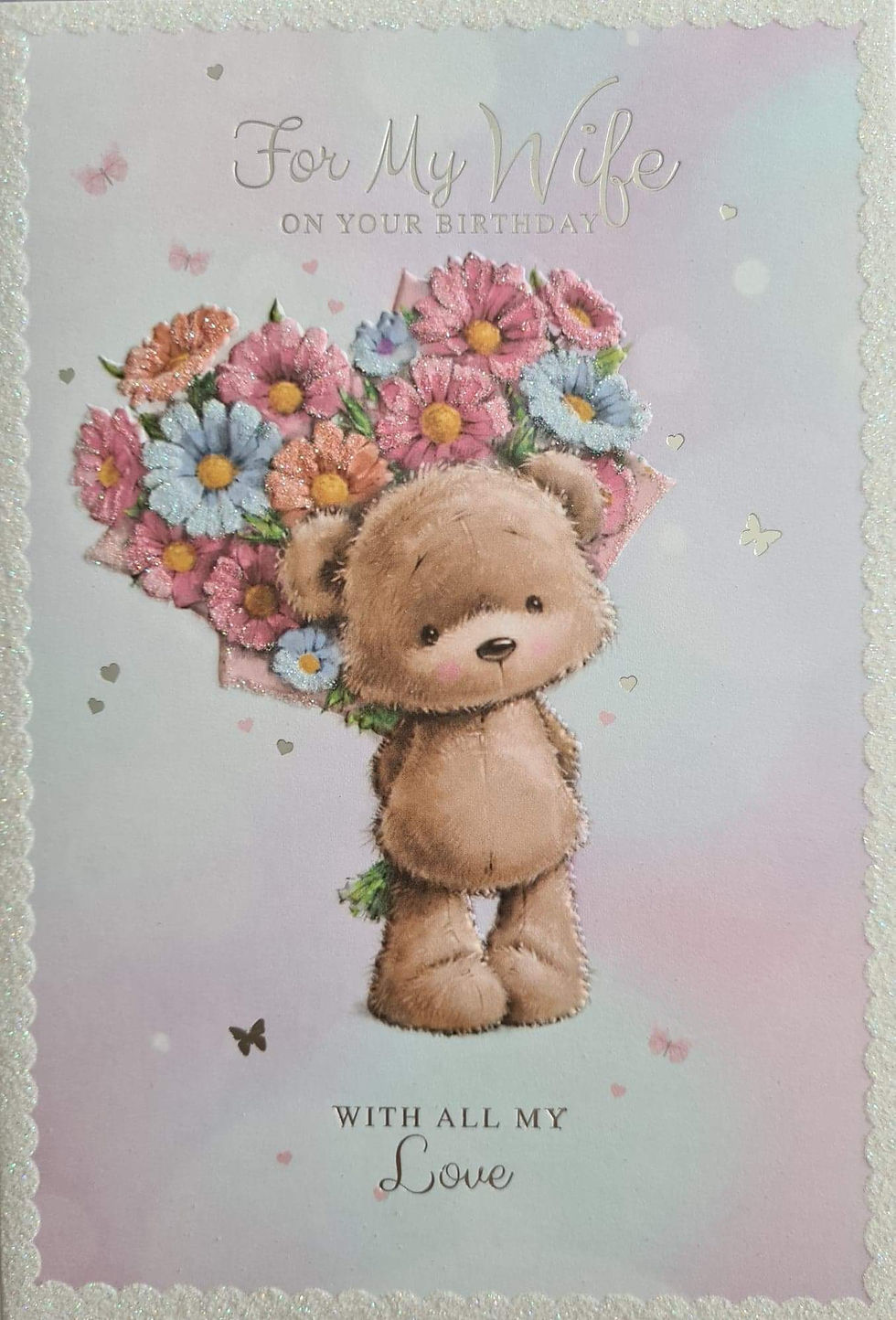 Happy Birthday Wife Flowery Teddy Card
