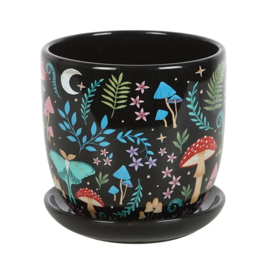 Thumbnail: Dark Forest Print Ceramic Plant Pot with Saucer