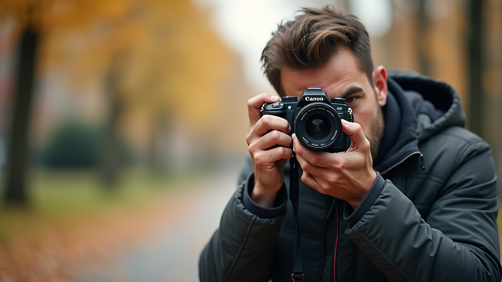 Eye-level view of a photographer adjusting camera settings outdoors