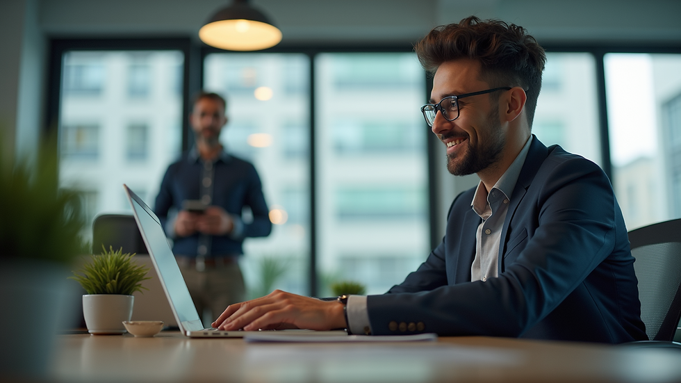 Eye-level view of a photographer capturing a business owner in a modern office