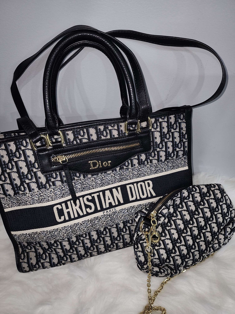 Thumbnail: CD Embroidered Genuine Leather/Canvas Tote