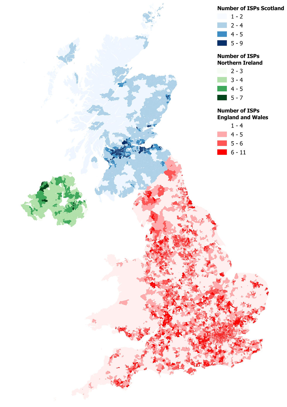 Figure 6. The number of ISPs at the ‘small area’ level, May 2025. Source: Point Topic.