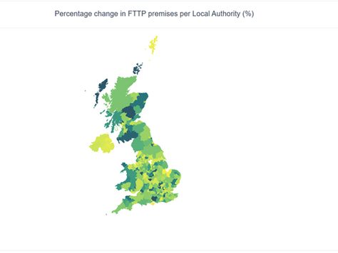 Figure 5. Percentage growth in the number of FTTP premises per Local Authority, Q1 2026. Source: Point Topic.