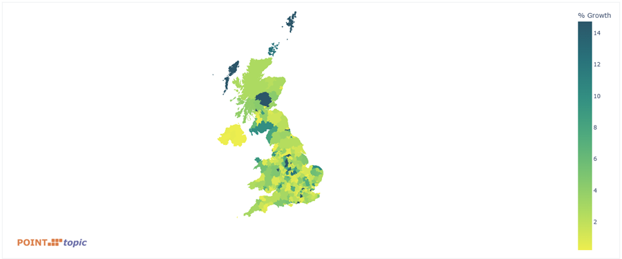 Figure 5. Growth in the number of FTTP premises per Local Authority. Source: Point Topic.