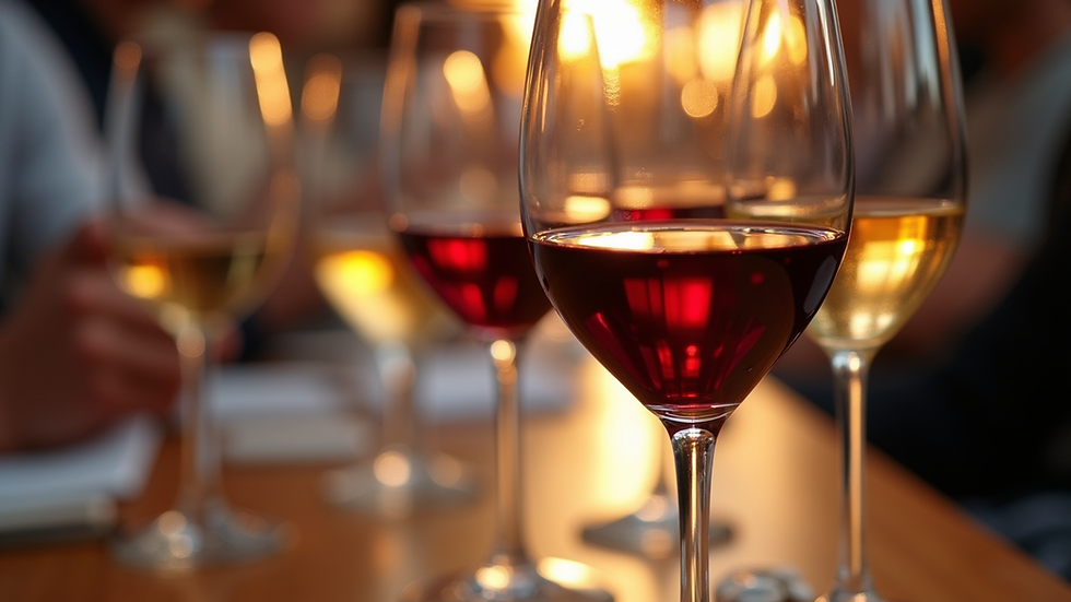 Close-up view of a wine tasting event with glasses filled with red and white wine