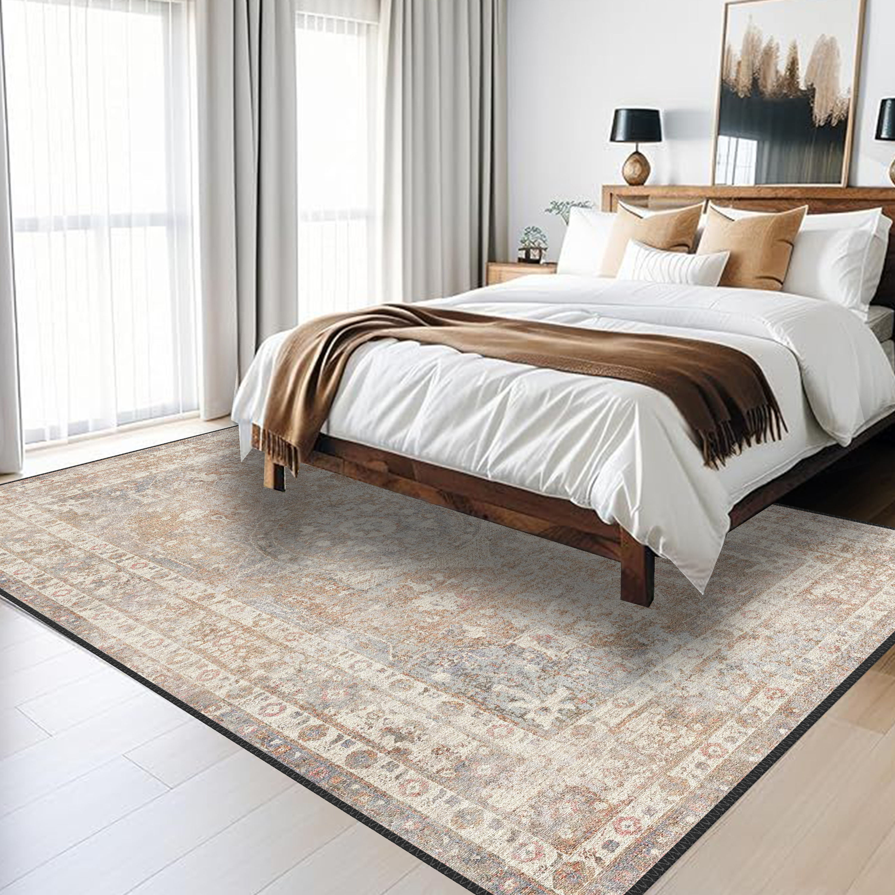 faded turkish kilim washable rug calyra in eclectic bohemian interior design