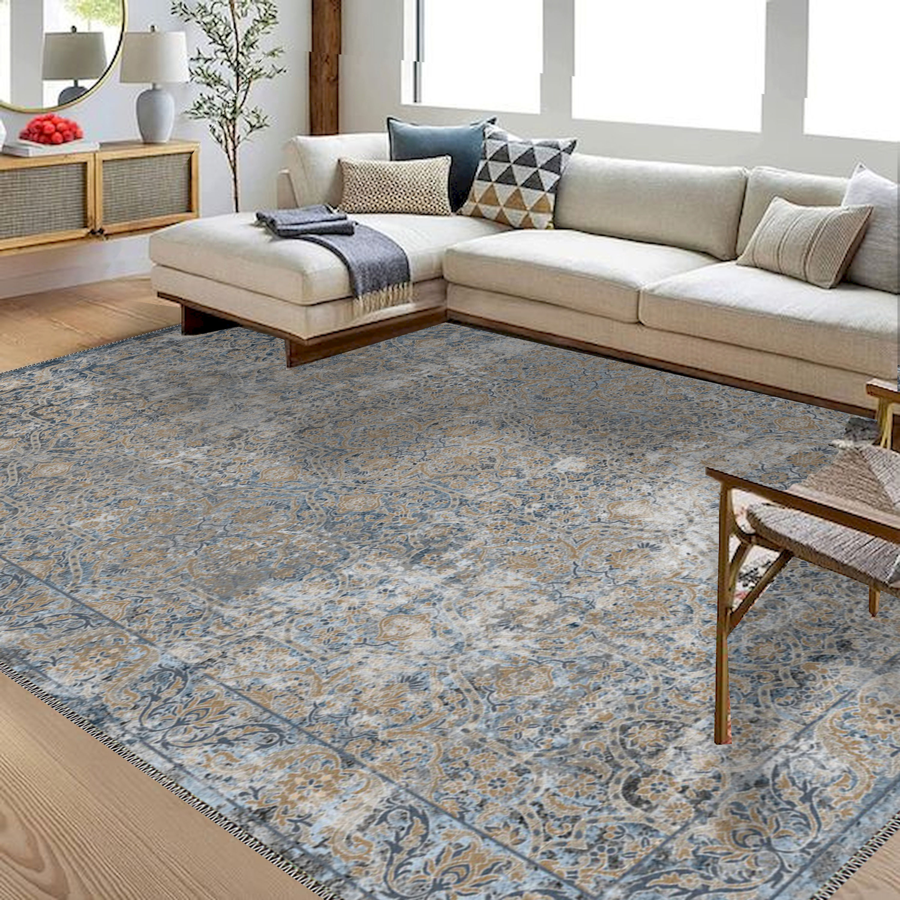 Elegant Blue Beige Washable Rug – Traditional Floral Area Carpet for Modern Cl