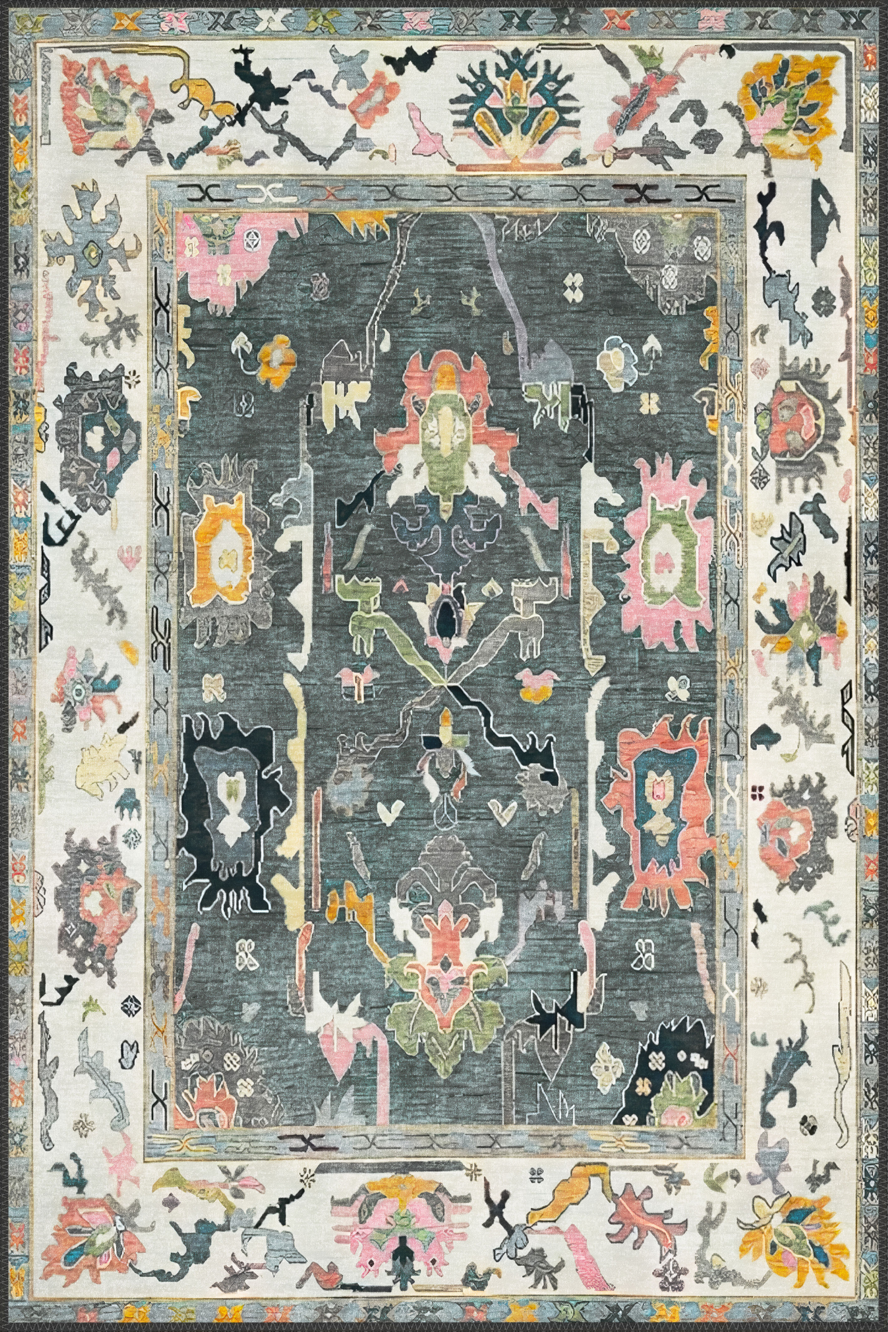 dark green oushak floral washable rug drusus in classic oriental interior design