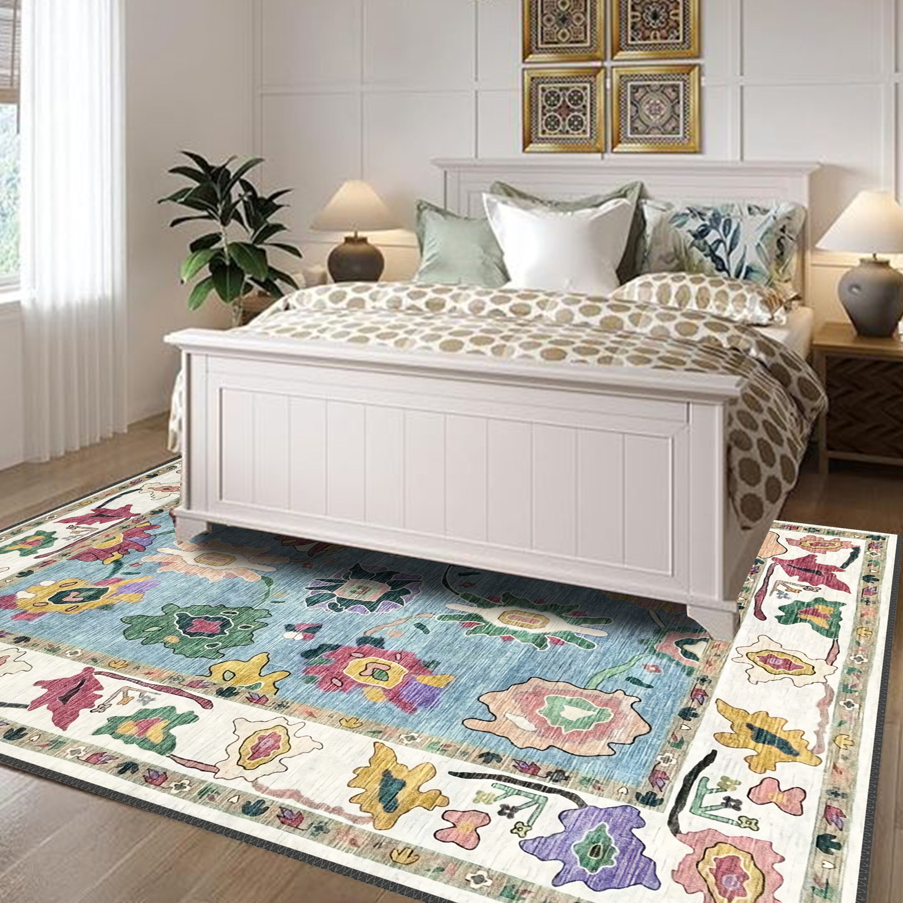 premium blue oushak floral machine washable rug aurelius in stylish living space
