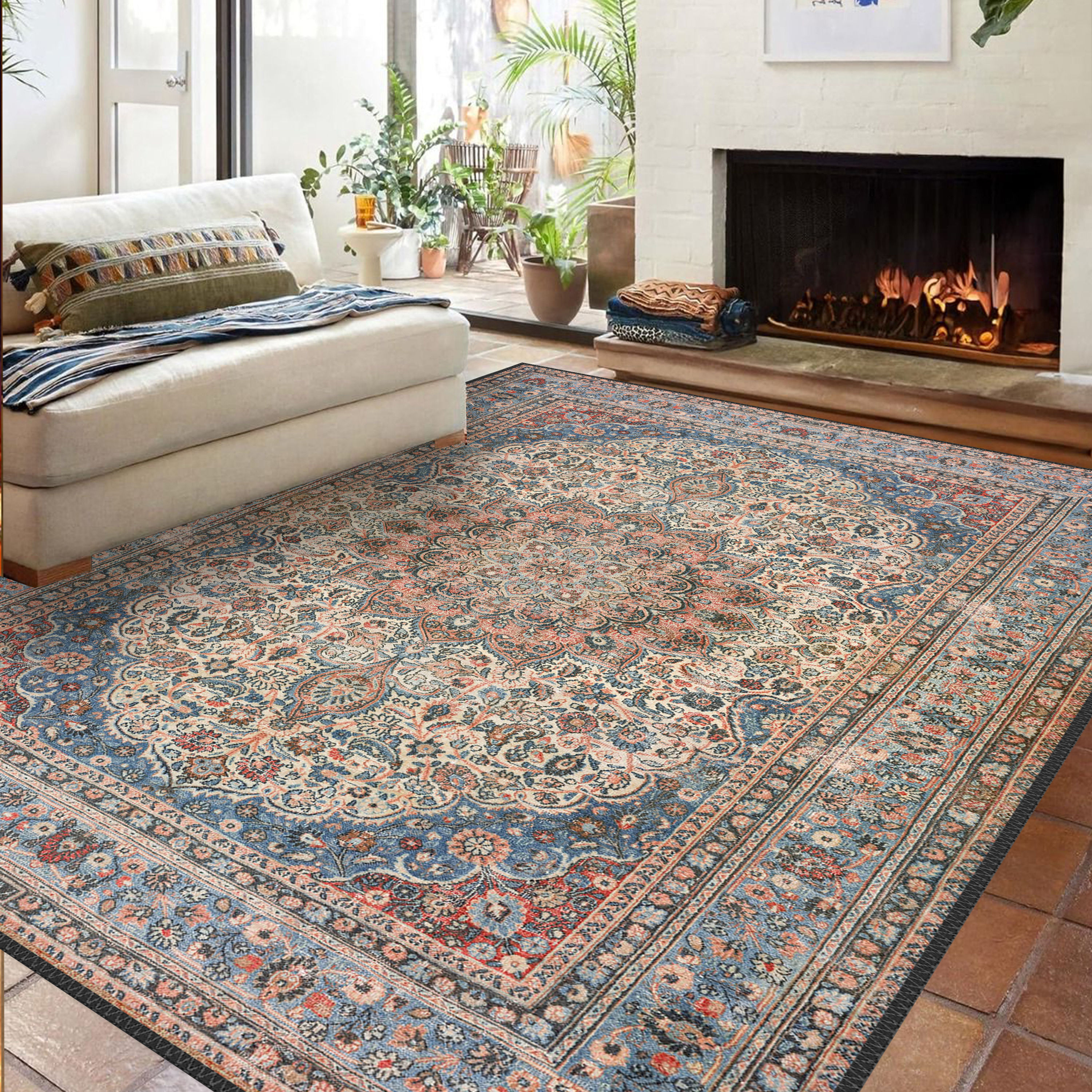 Persian Style Vintage Medallion Rug – Large Bohemian Area Rug for Living Room