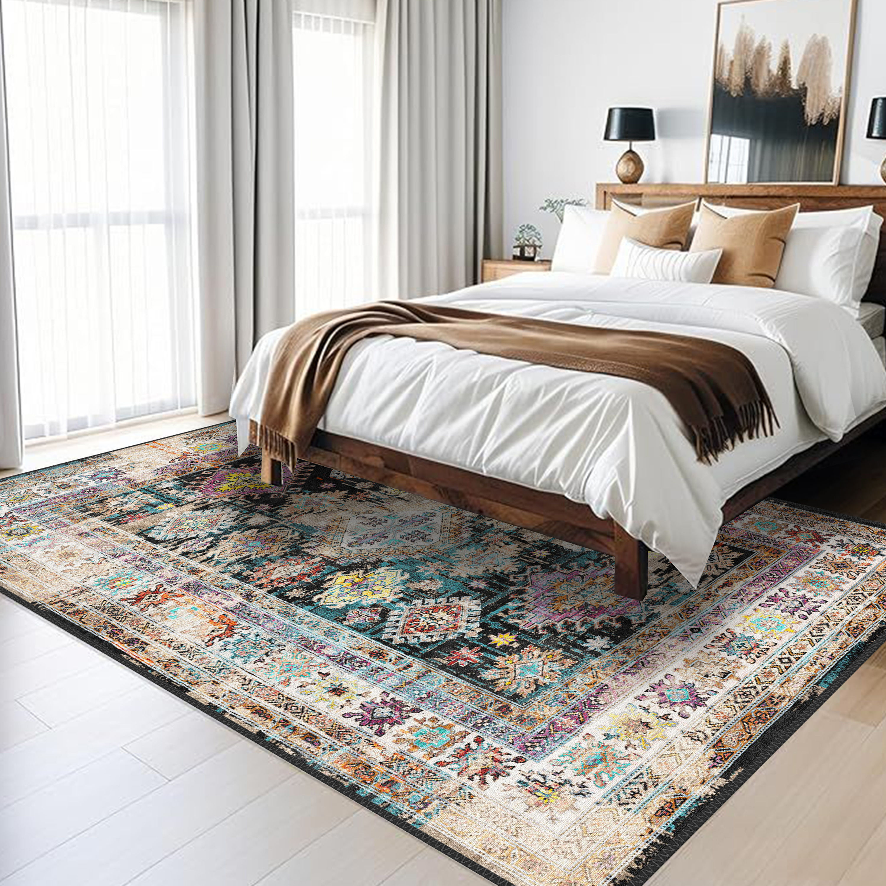 premium colorful geometric bohemian machine washable rug zephyra in stylish living space