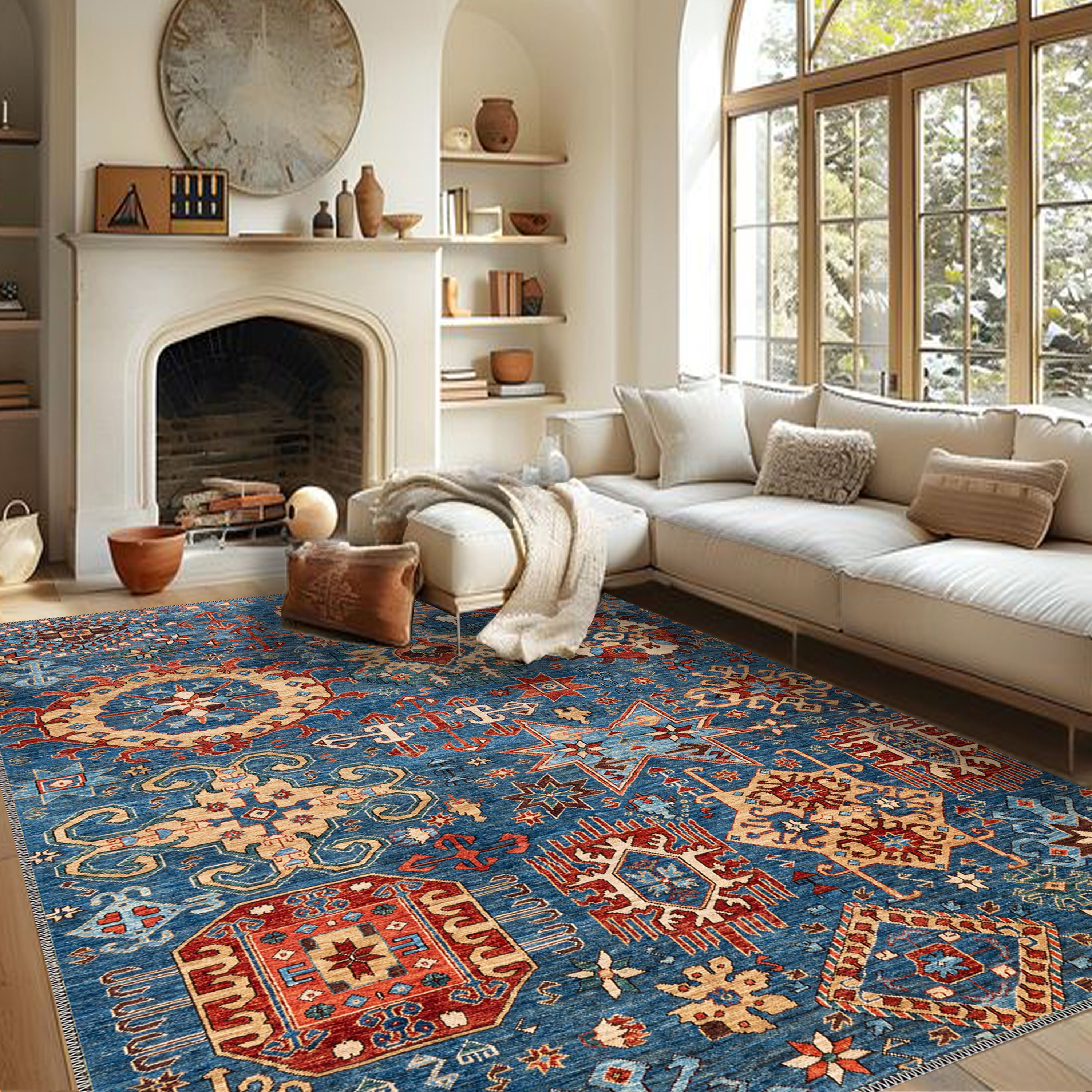 Moroccan Style Rug | Large Area Rug | Blue & Rust Tribal Carpet | Bohemian Rug