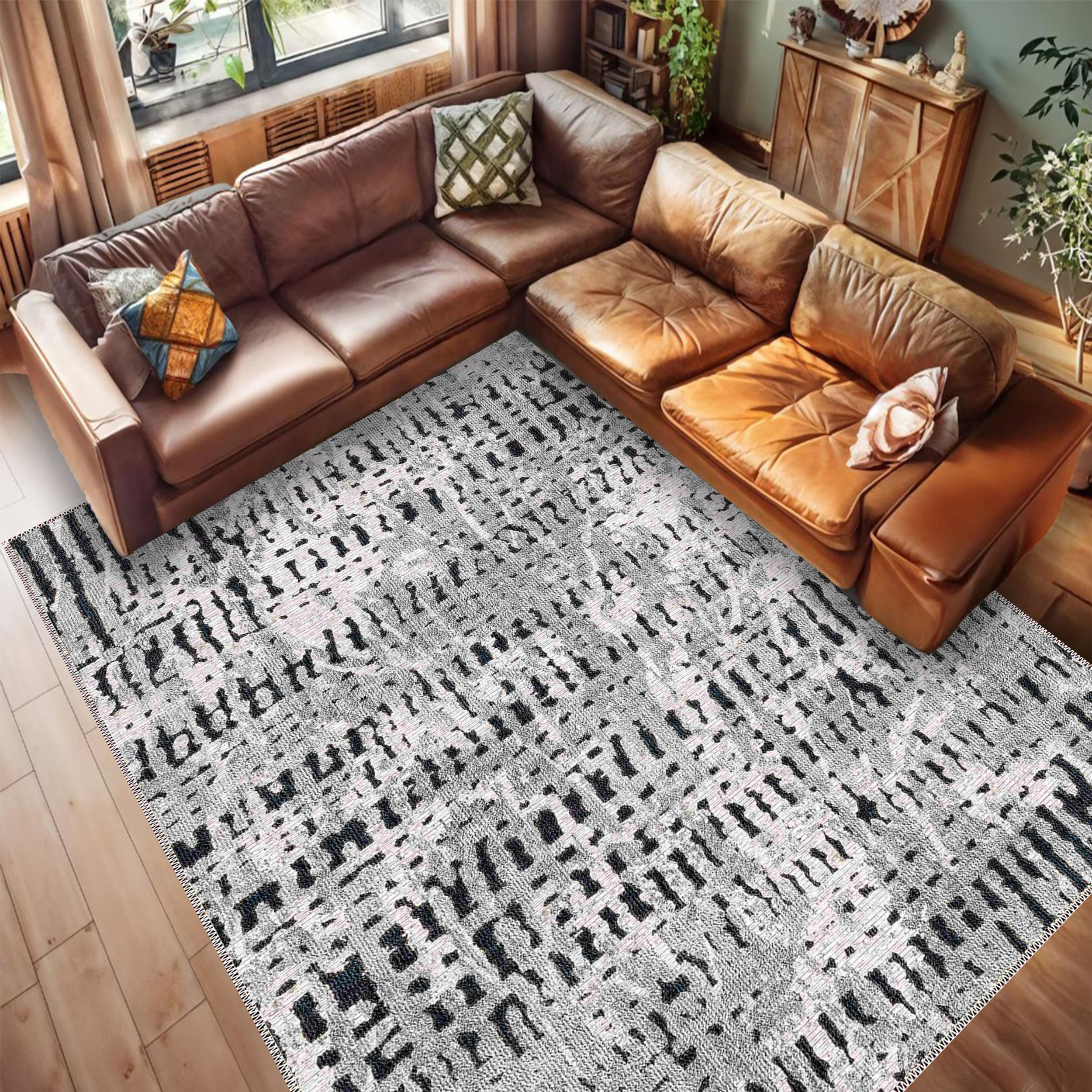 Washable Abstract Gray Area Rug – Textured Black & White Pattern for Contemporar