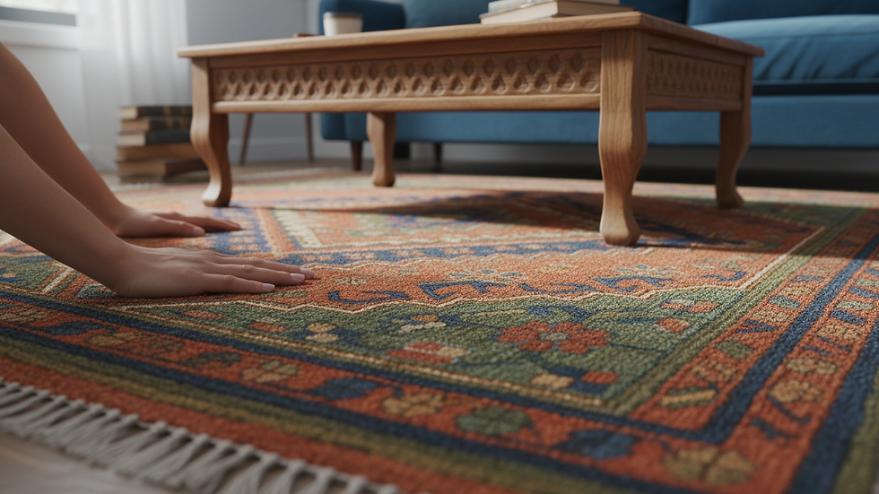 Eye-level view of a living room featuring a mihrikilim rug under a coffee table