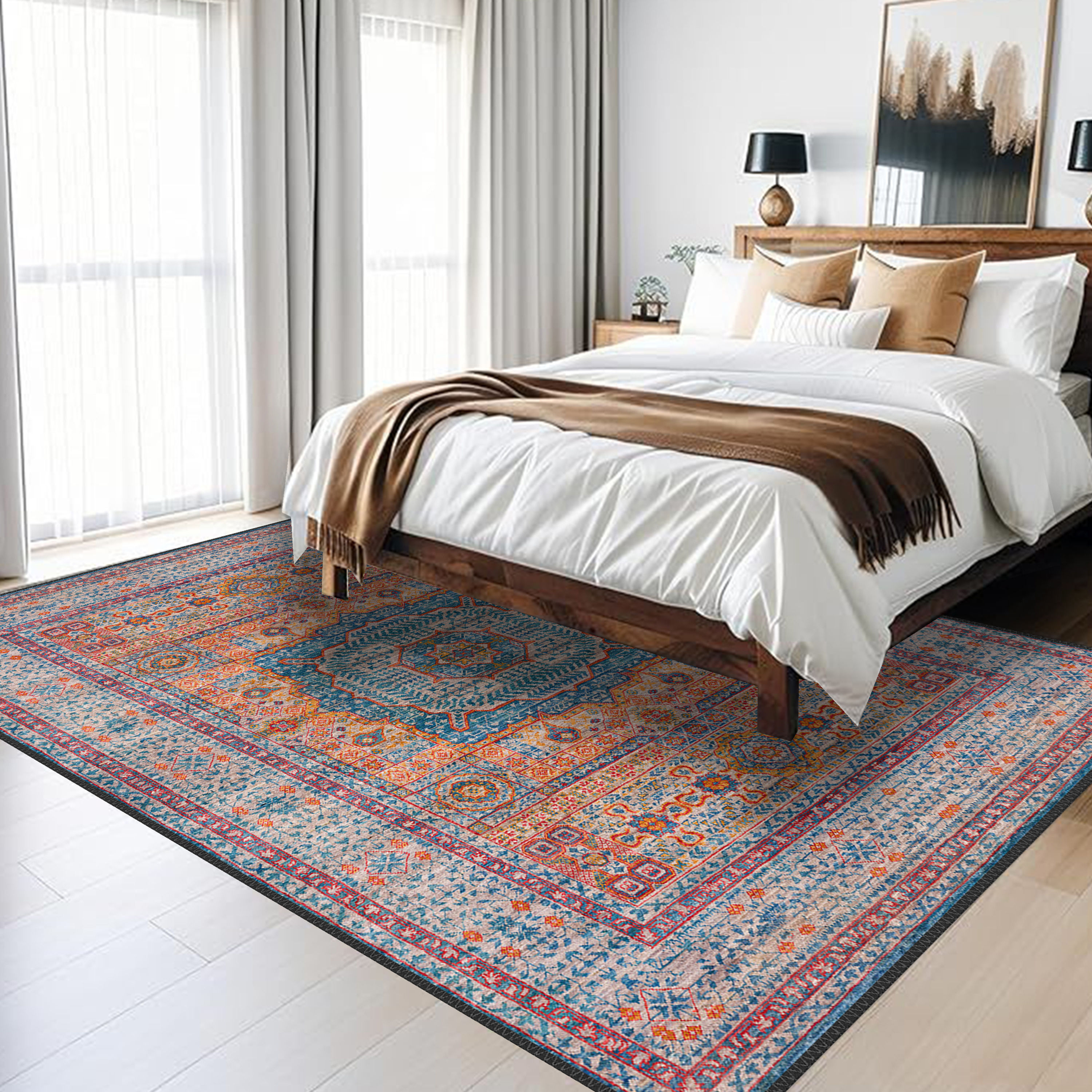 orphion persian style vintage afghan medallion rug in blue orange tones for high end home decor usa uk