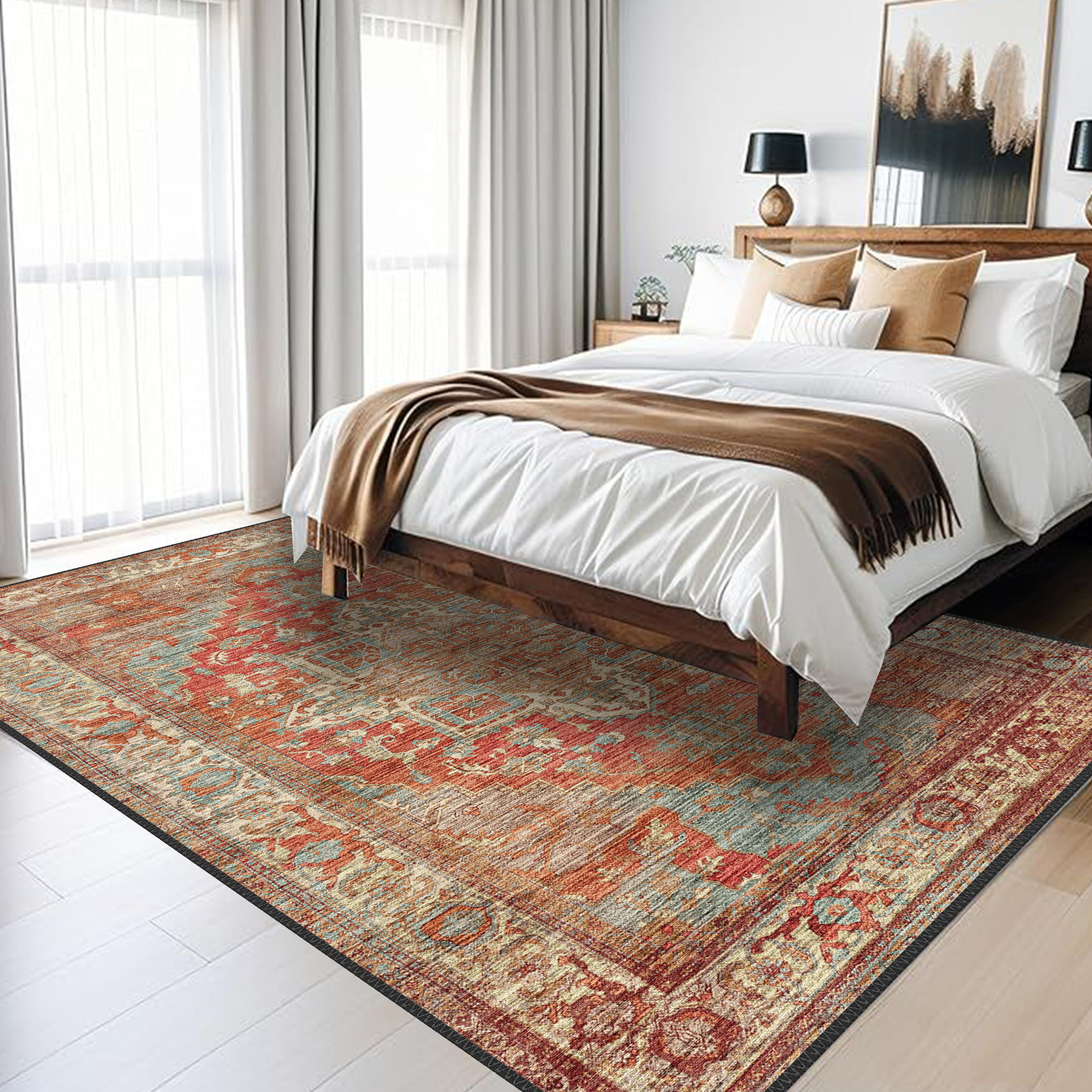 zephyron rug detailed view highlighting heriz motifs and woven fabric texture
