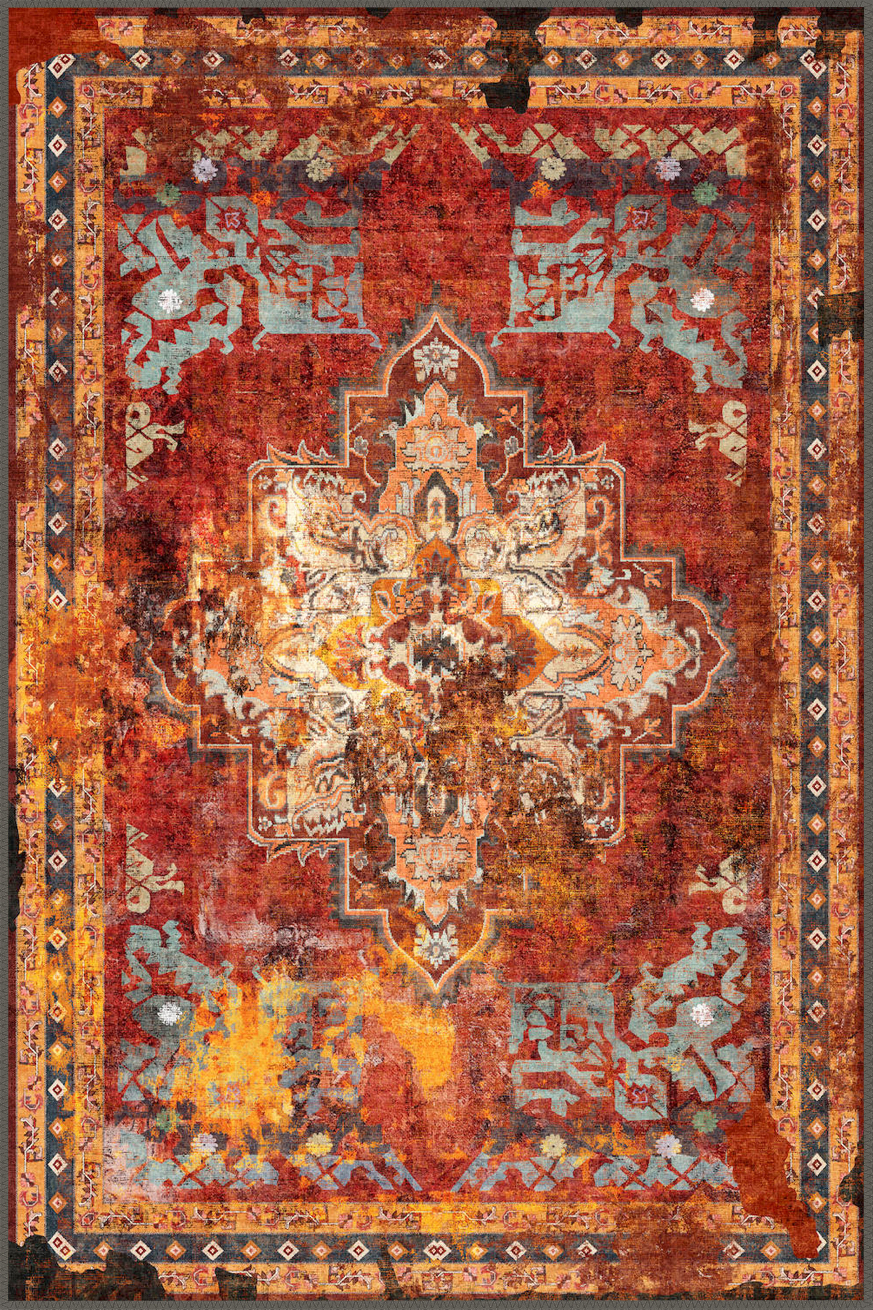 premium red distressed ethnic machine washable rug claudius in stylish living space