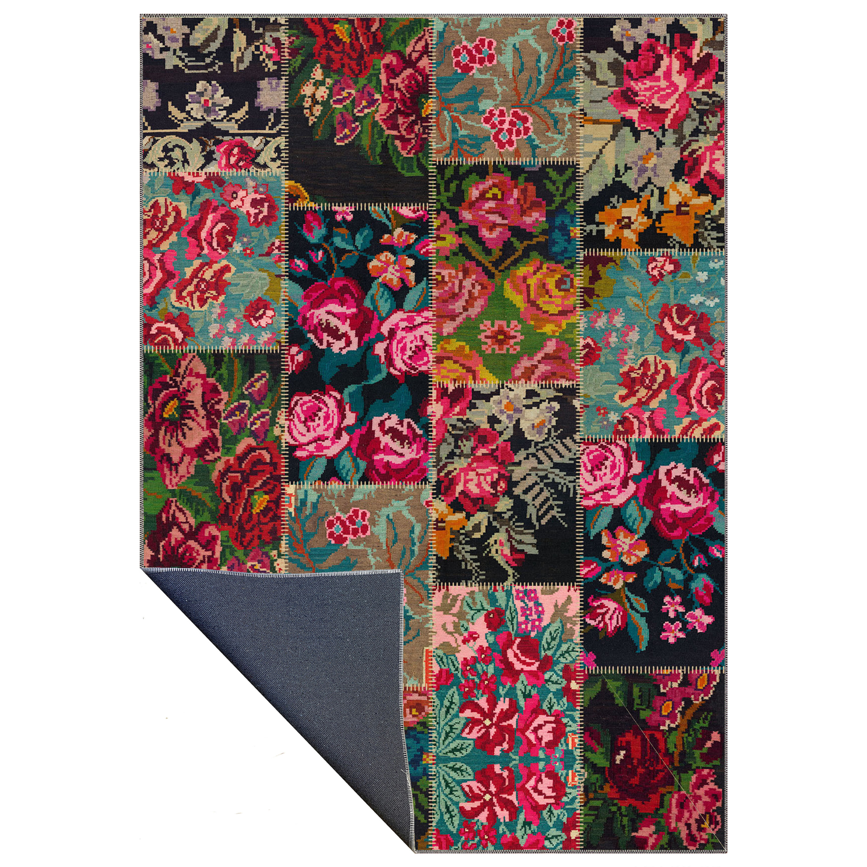 elyra rug close up showing patchwork floral pattern and woven texture details