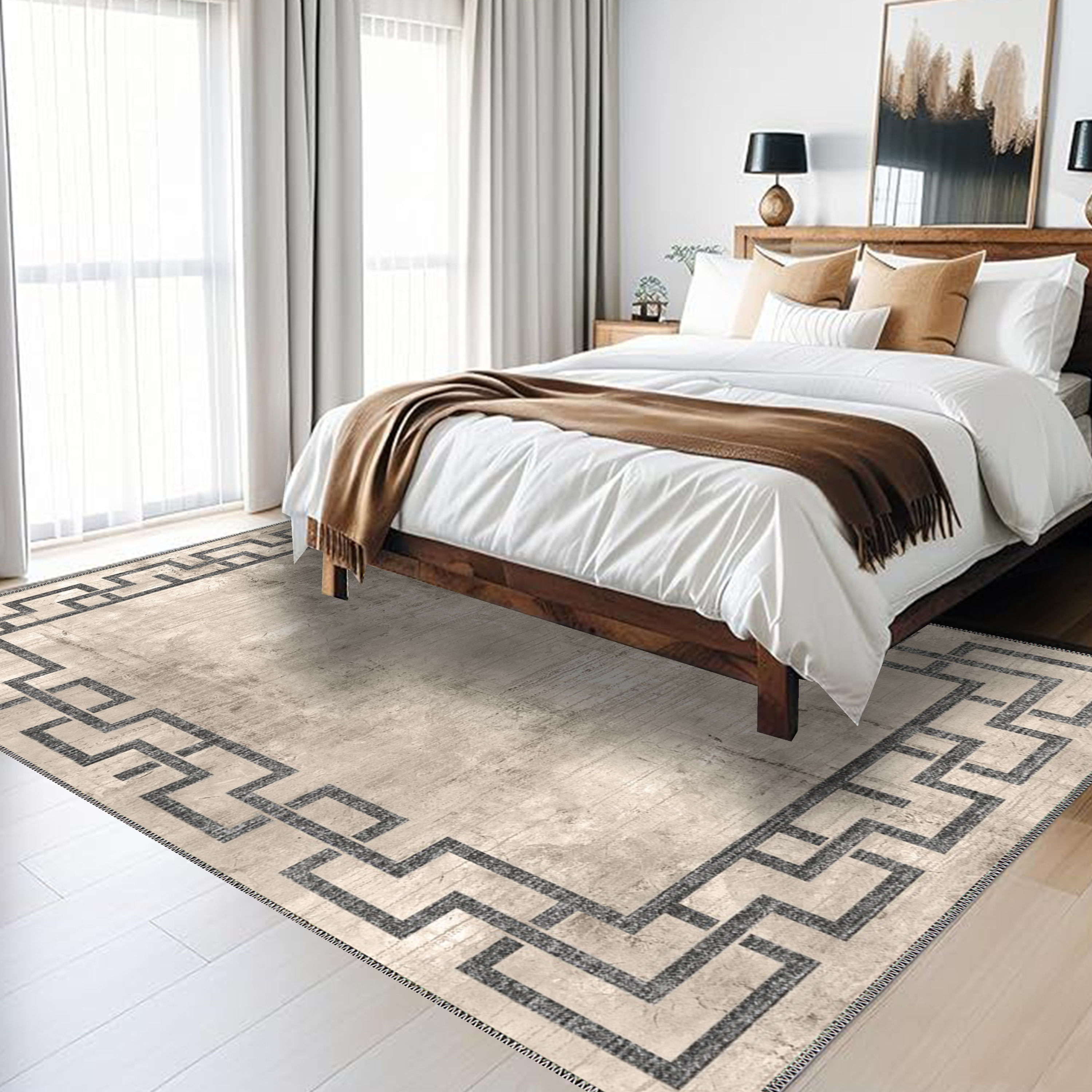 nordra beige machine washable geometric rug in high traffic area