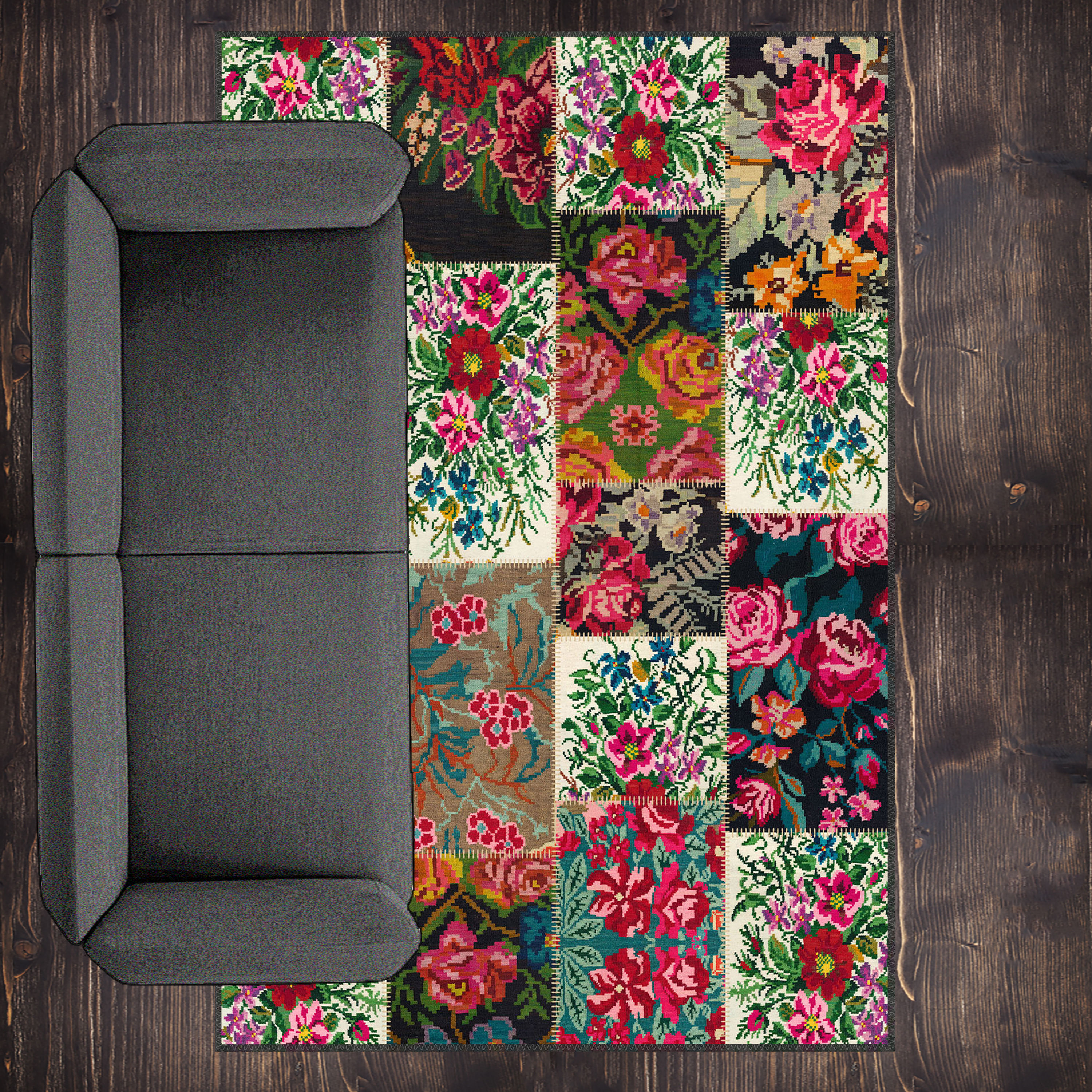 kalythra rug detailed view highlighting mixed motifs and fabric texture