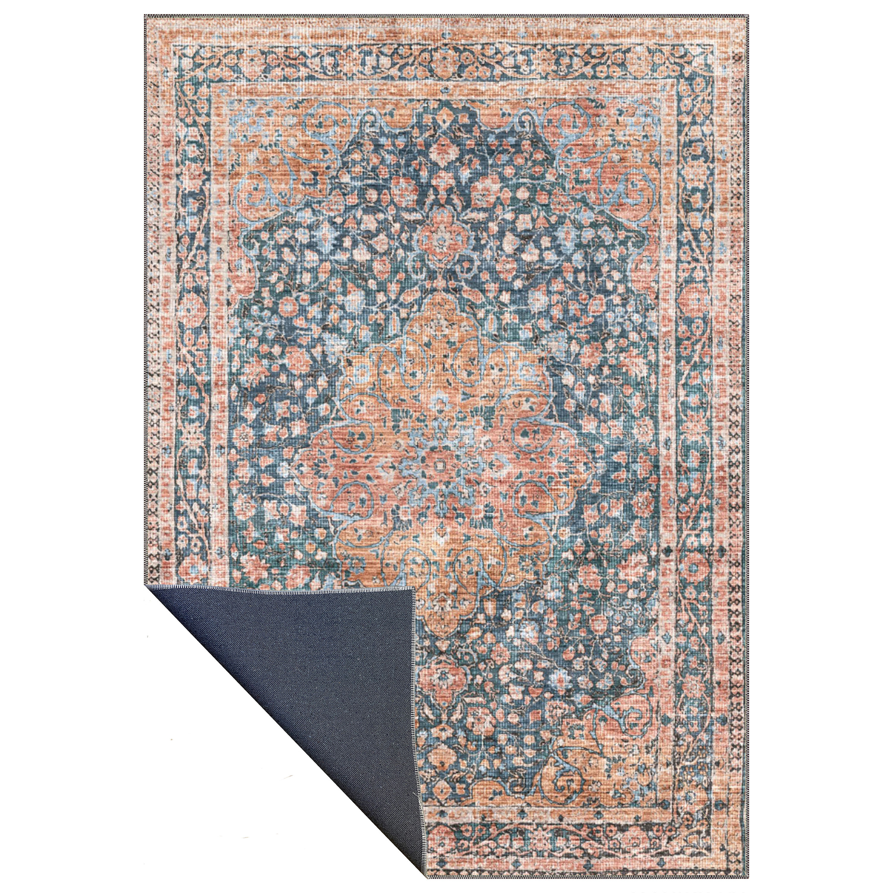 aethera blue floral medallion washable rug in elegant classic interior shipped to usa and uk