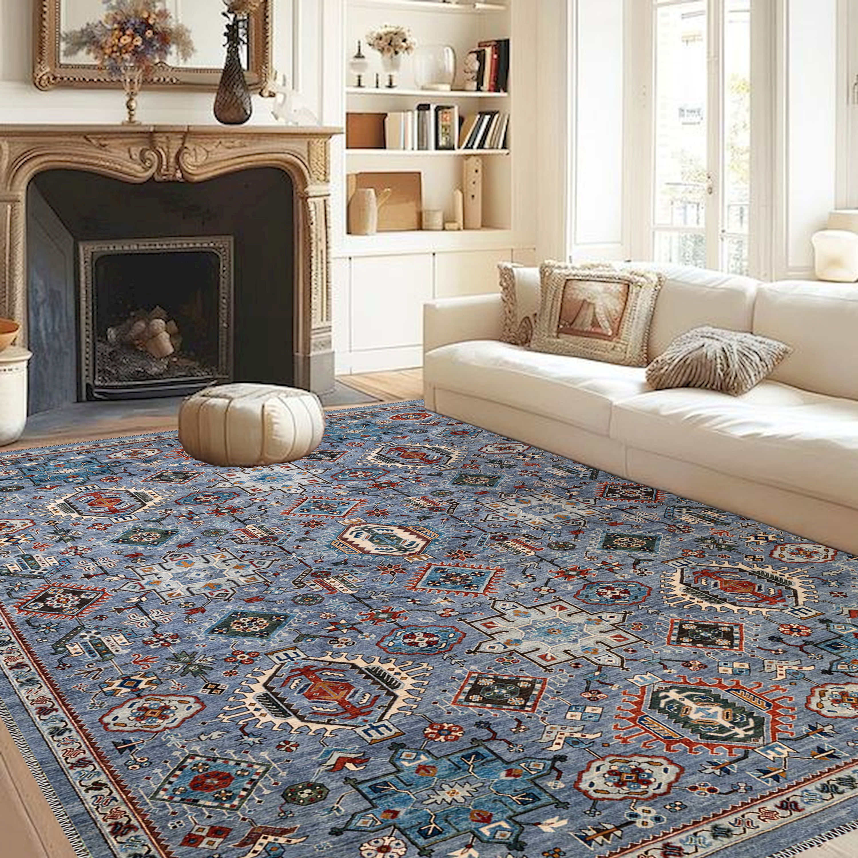Blue Ethnic Bohemian Rug | Unique Vintage Carpet for Living Room Accent