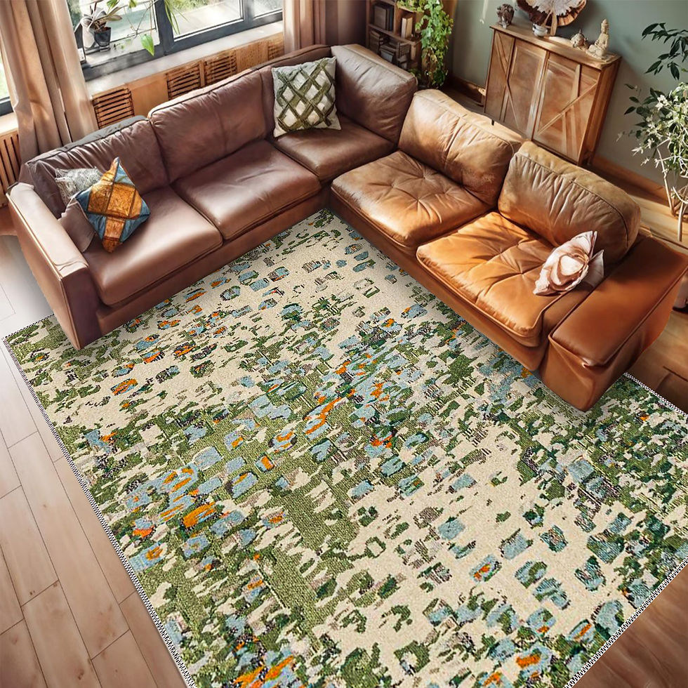 High angle view of a colorful bohemian rug on a wooden floor