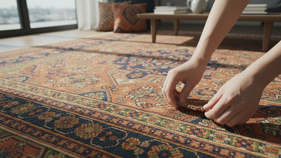 High angle view of a modern living room featuring a Turkish patterned rug