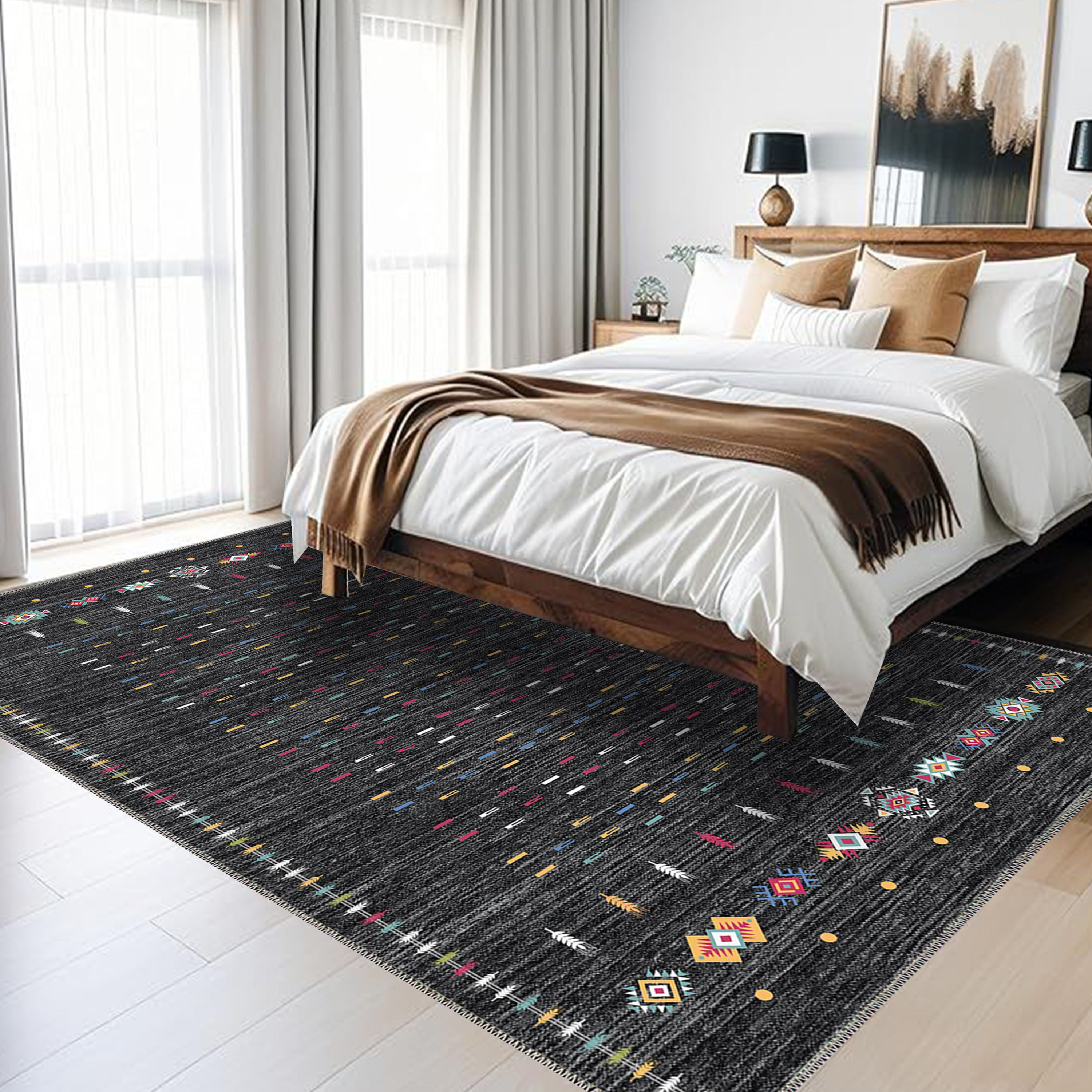 orvex dark machine washable rug in scandinavian living room decor