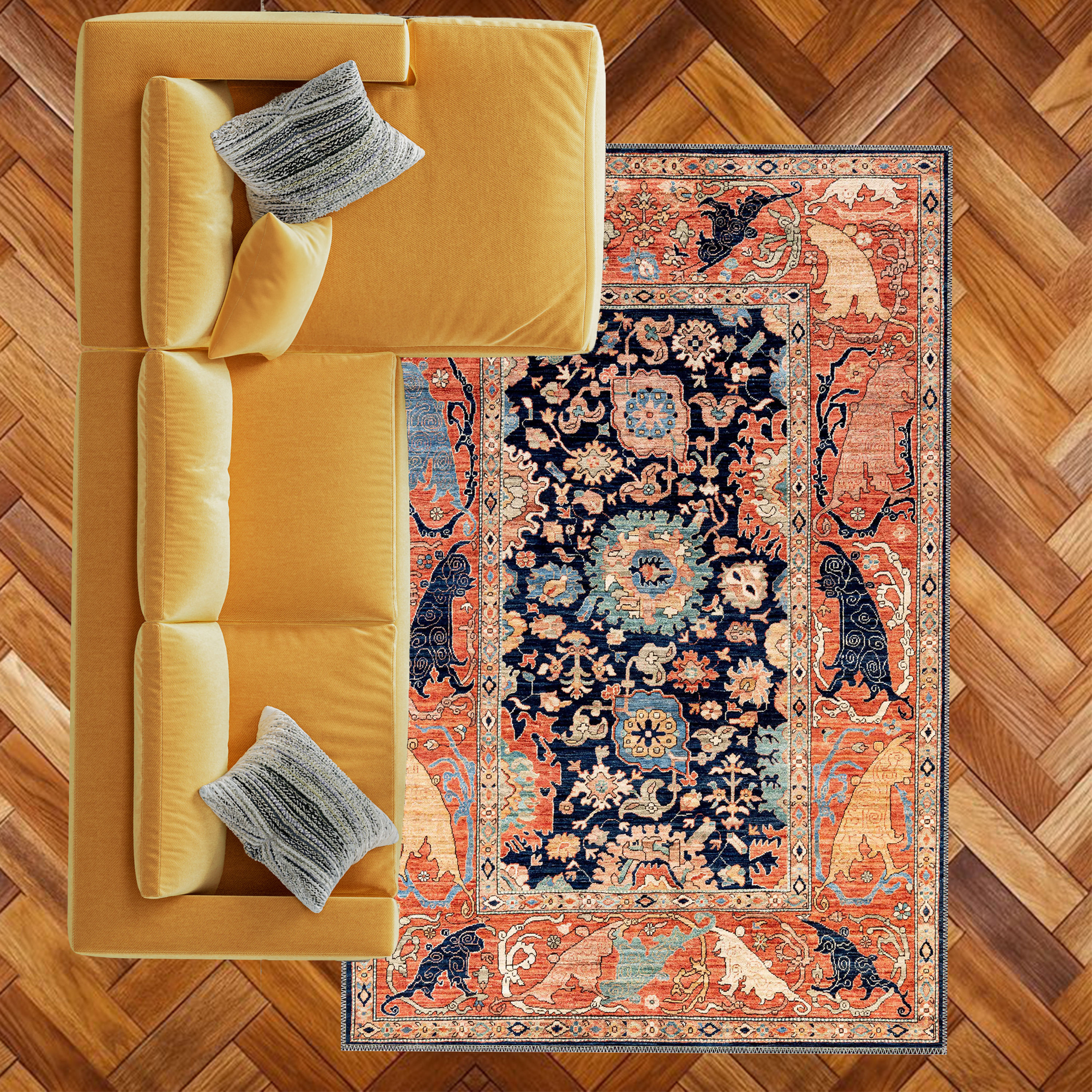 azmora orange blue rug close up texture premium washable boho fabric