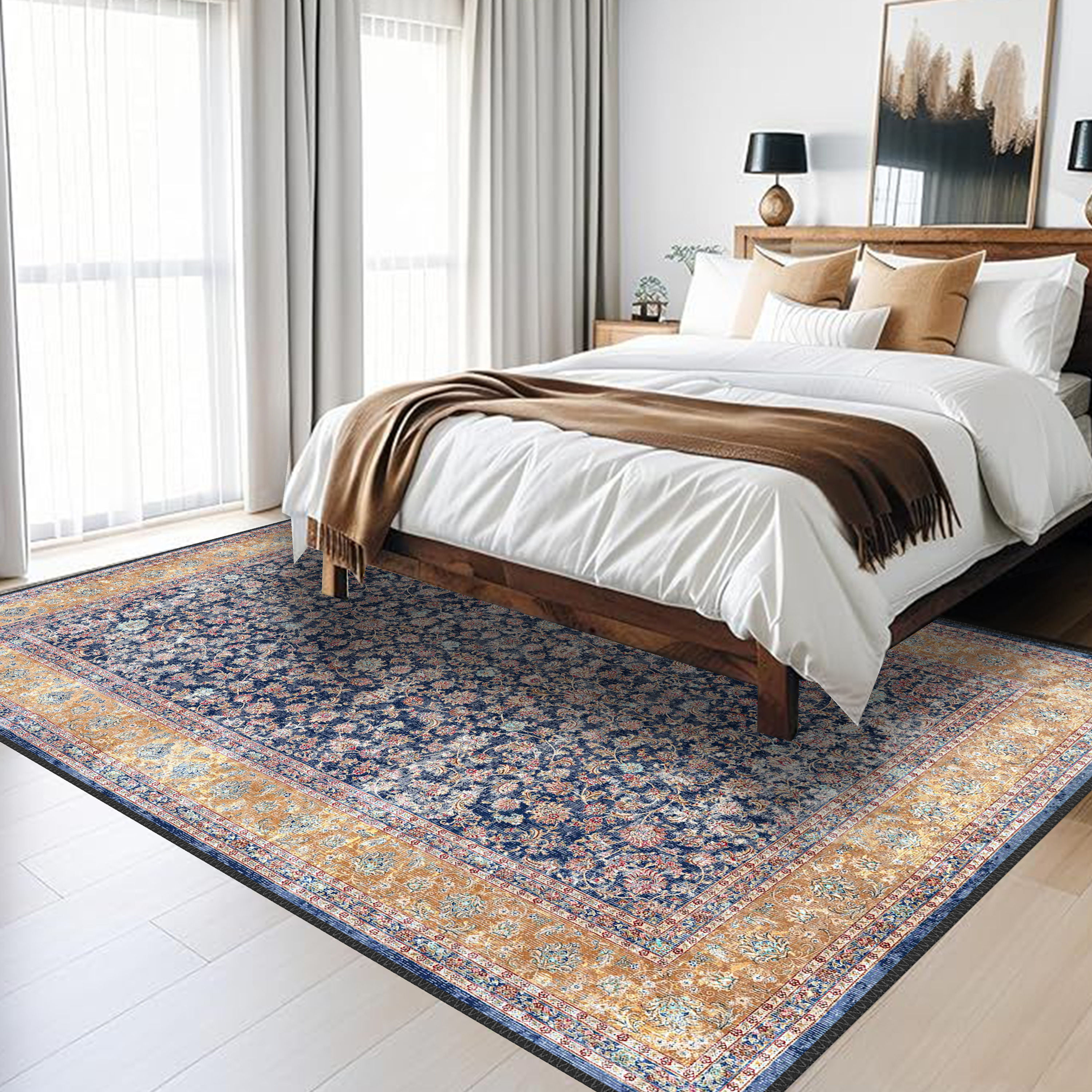 navy floral persian style vintage washable rug thalora in classic oriental interior design