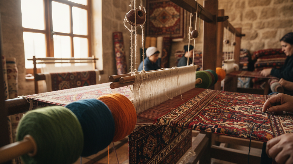 Eye-level view of a traditional Turkish rug weaving workshop with colorful yarns