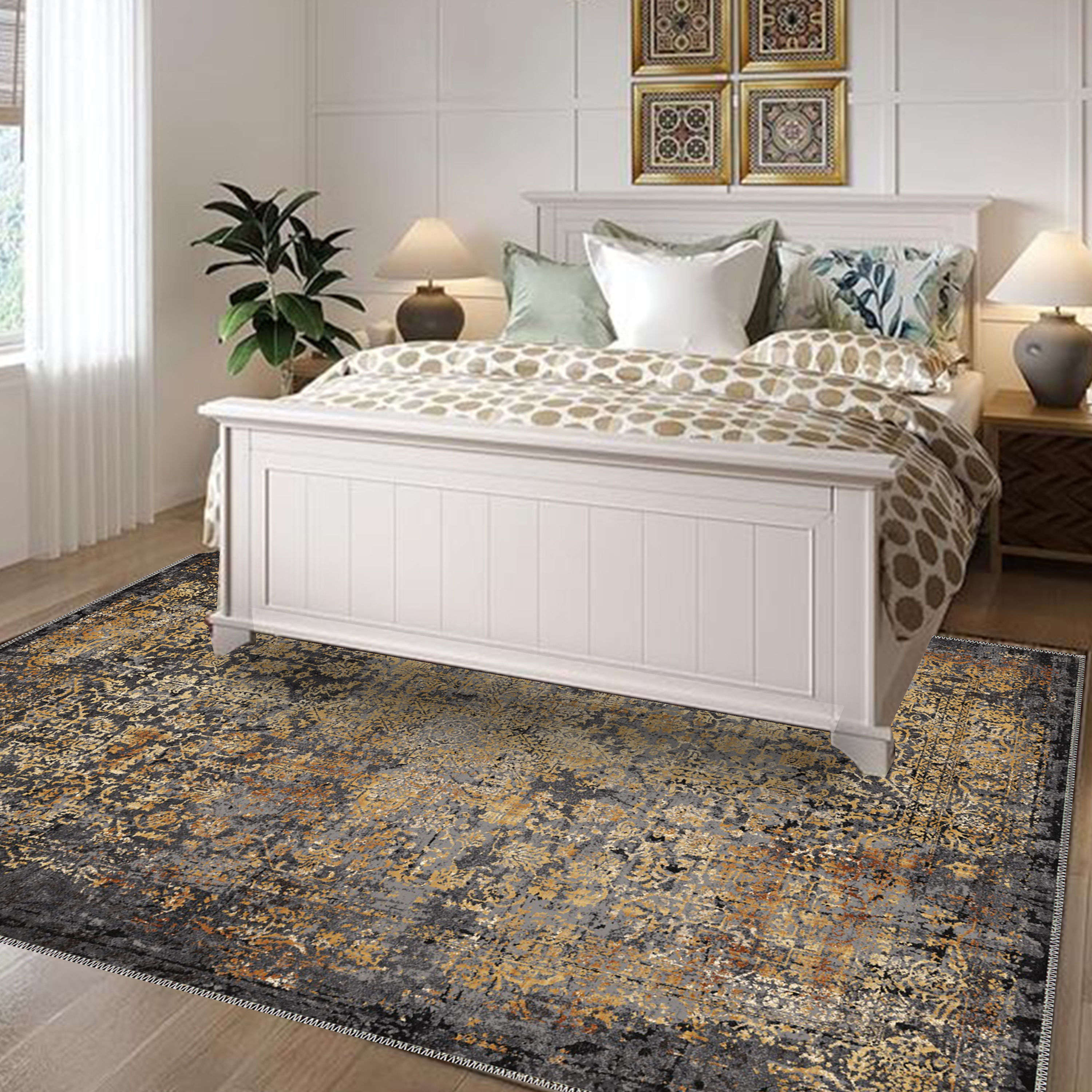 dravik charcoal gold machine washable vintage rug in contemporary home decor