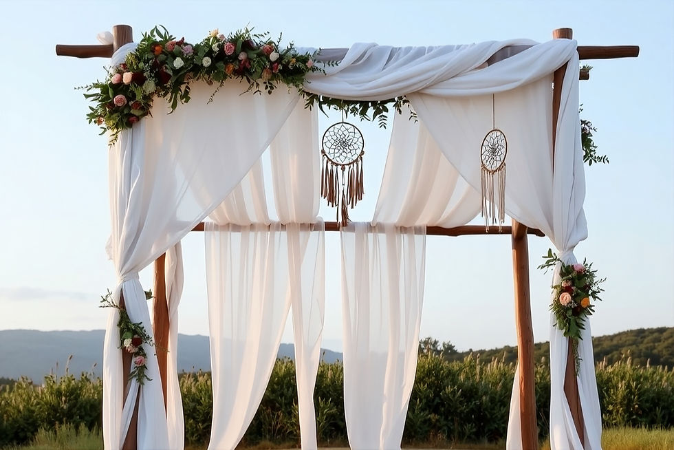 A wedding chuppah with white drapes and floral decor stands in a field. Dreamcatchers hang from the arch, with a serene landscape behind.
