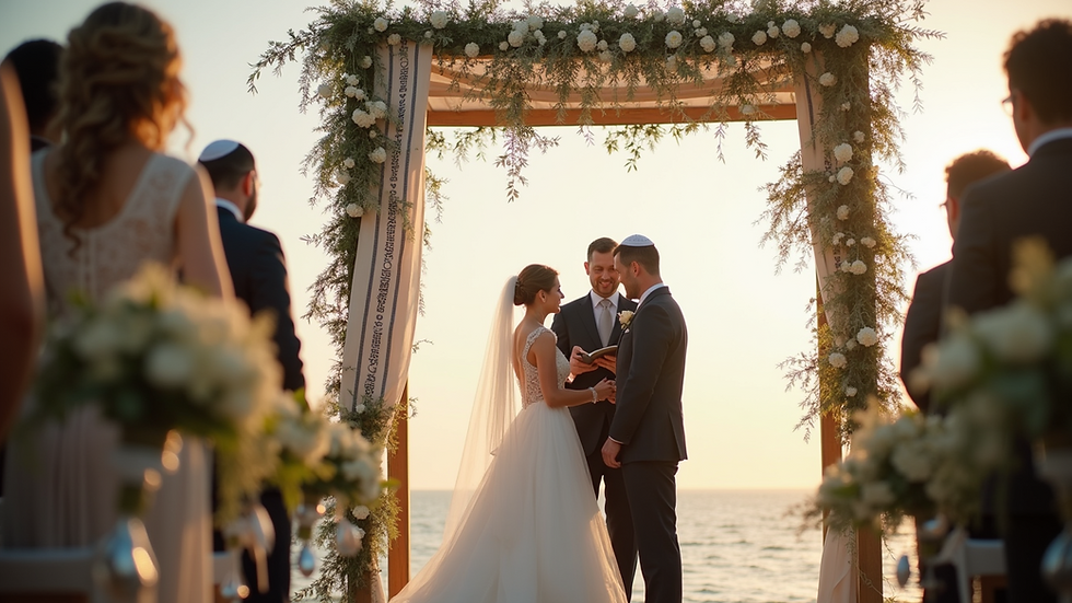 Close-up view of a chuppah featuring a tallit as part of the decor