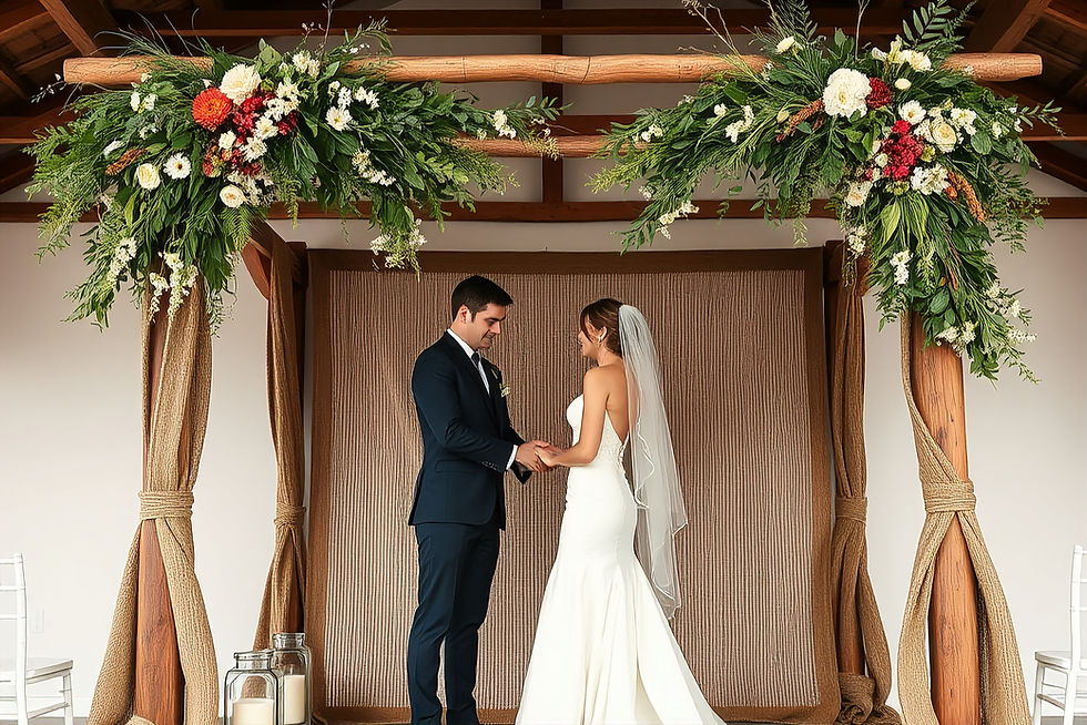 Bride in white dress and groom in navy suit hold hands under a floral chuppah, set in a rustic venue.