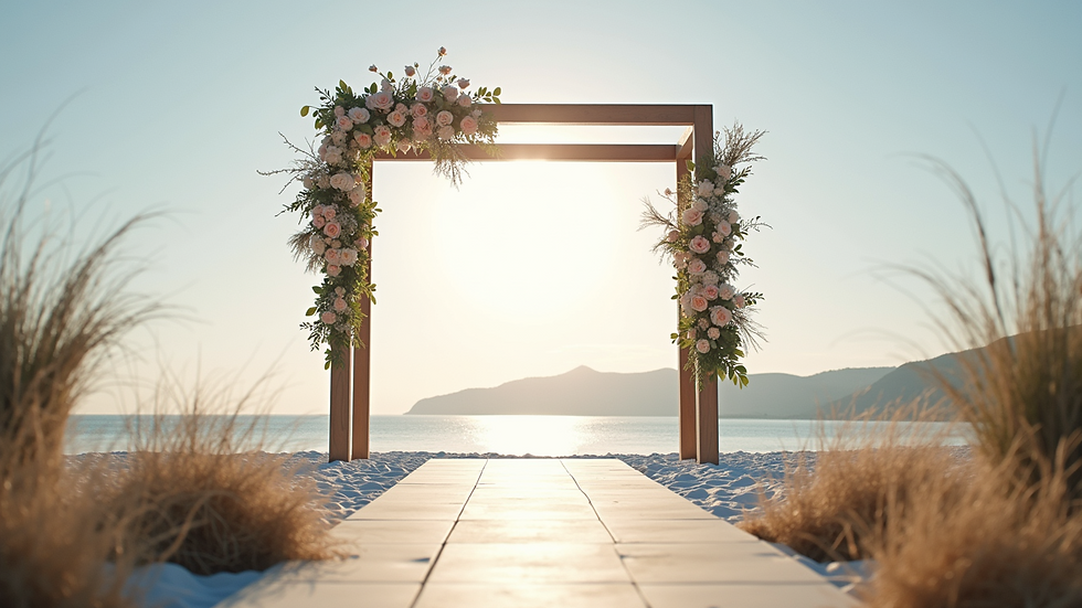 Wide angle view of a minimalist chuppah with geometric design