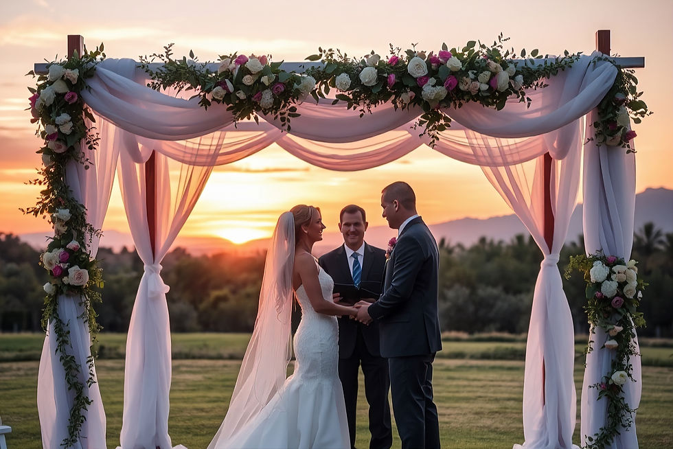 Bride and groom under floral chuppah at sunset, exchanging vows with officiant. Romantic outdoor setting, soft pink and white flowers.