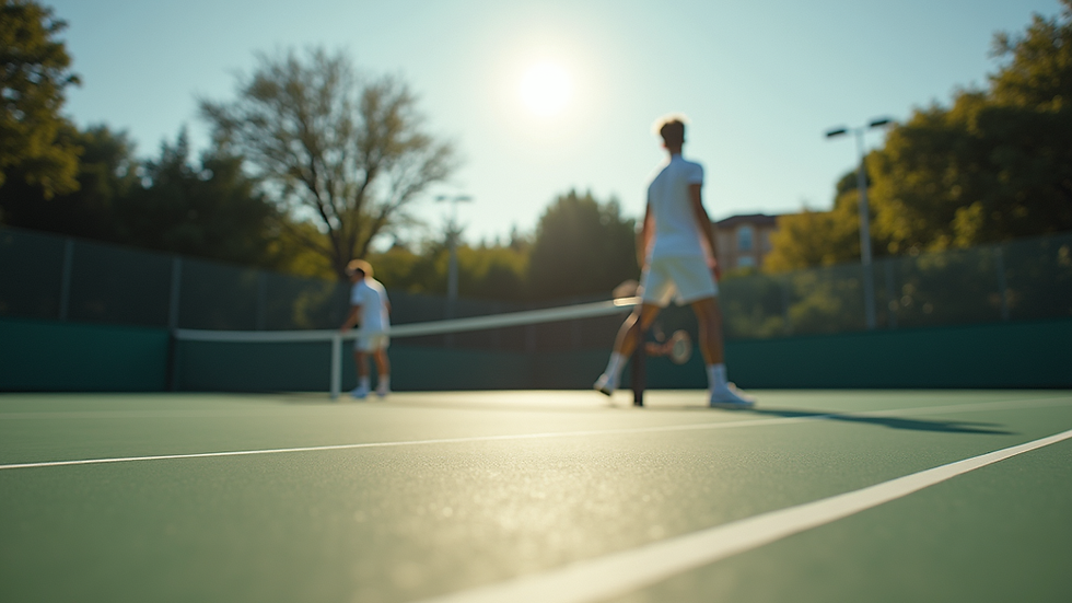 Eye-level view of a tennis court with players practicing