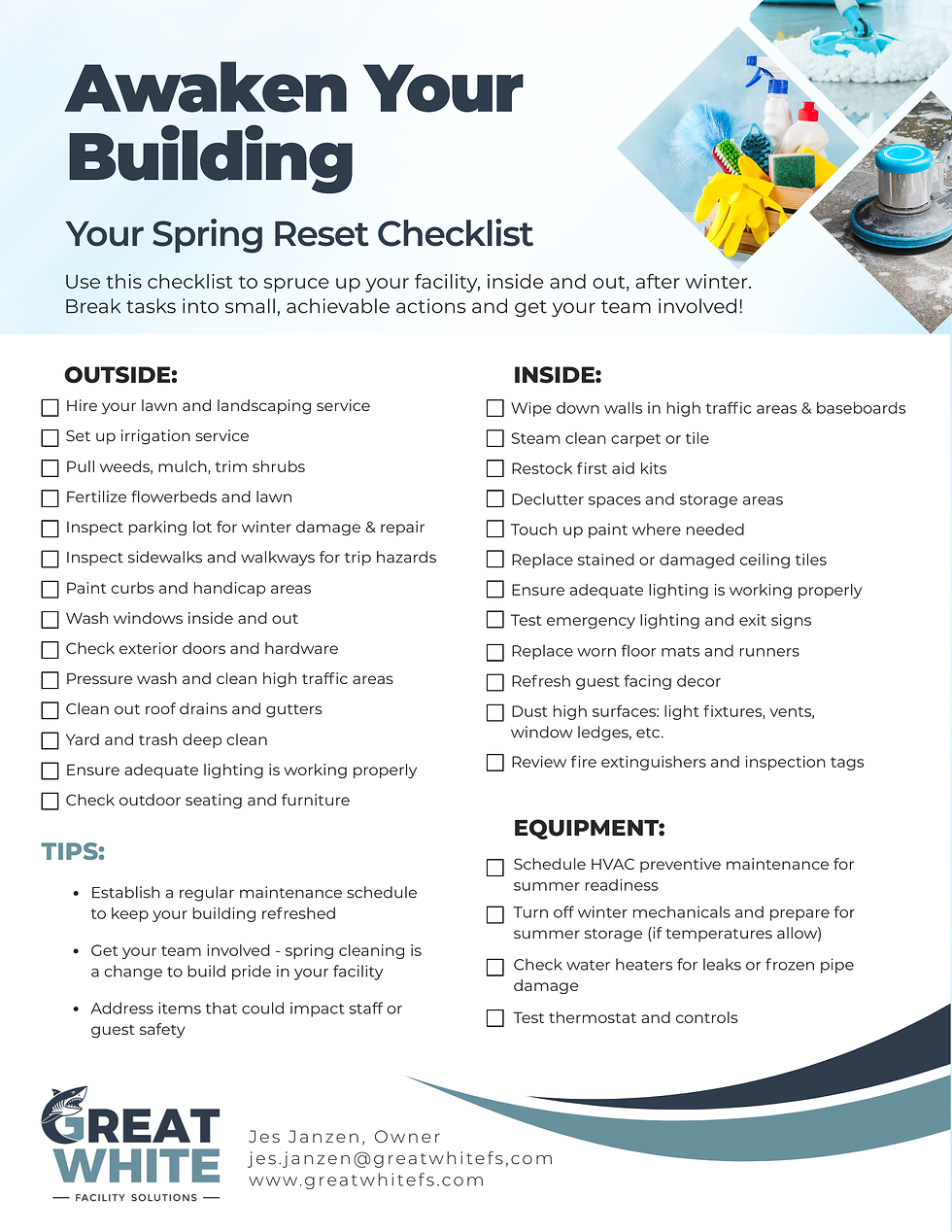 Awaken Your Building Spring Reset Checklist with images of cleaning and landscaping tools as well as list of checkbox items for outside, inside, equipment, and tips.